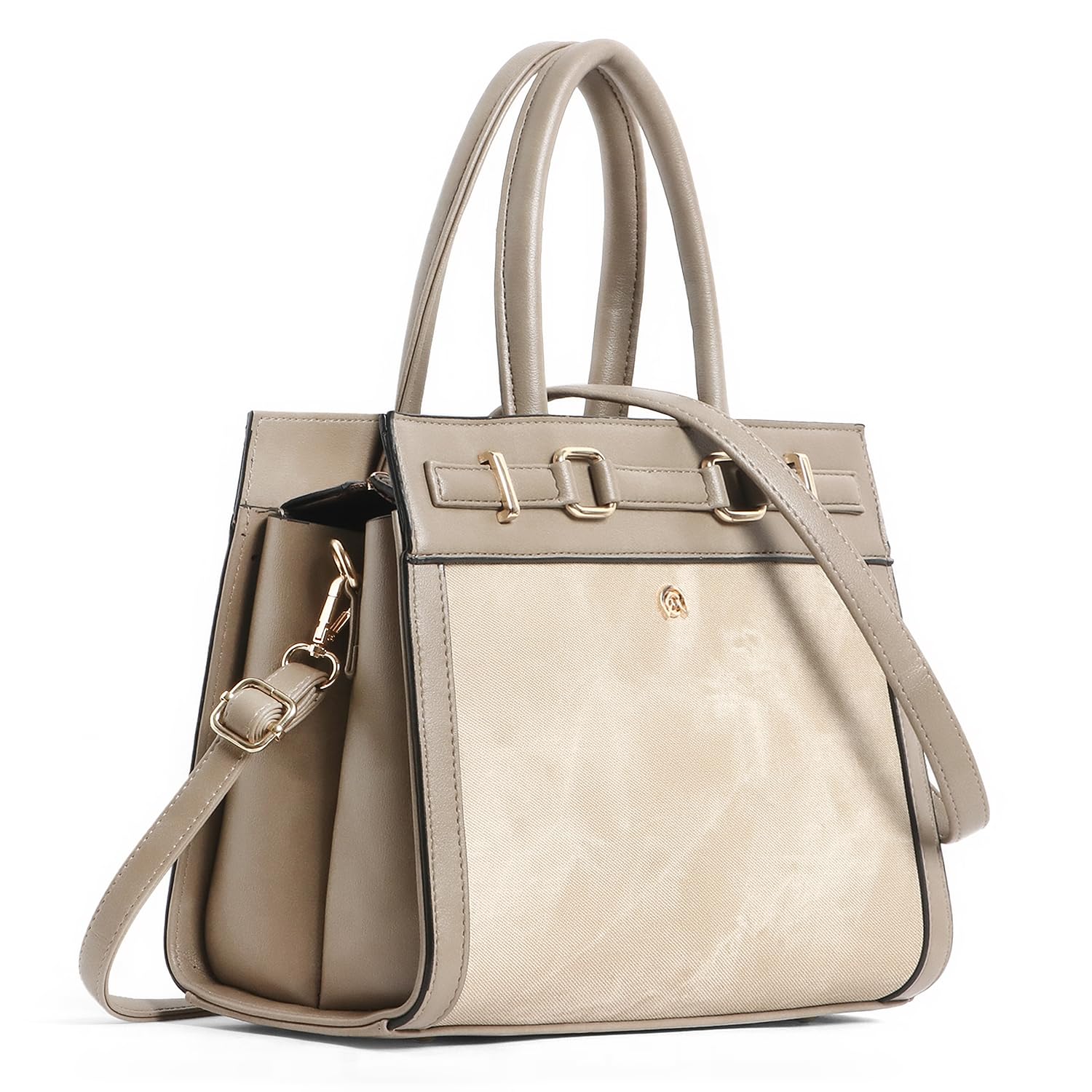 Martucci Selena Women’s Satchel Handbag – Belted Accent Vegan Leather Tote with Two-Tone Front Panel, Top Handle Purse & Removable Crossbody Strap