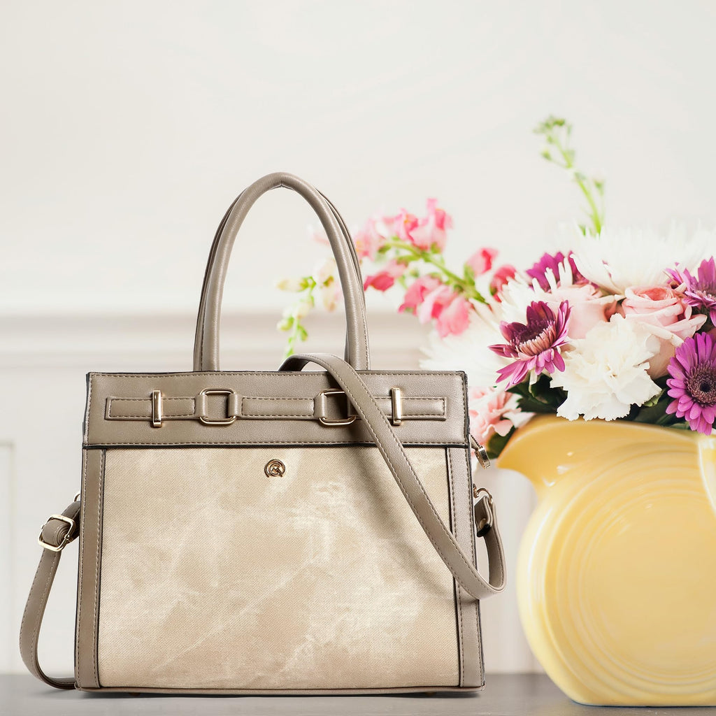 Martucci Selena Women’s Satchel Handbag – Belted Accent Vegan Leather Tote with Two-Tone Front Panel, Top Handle Purse & Removable Crossbody Strap