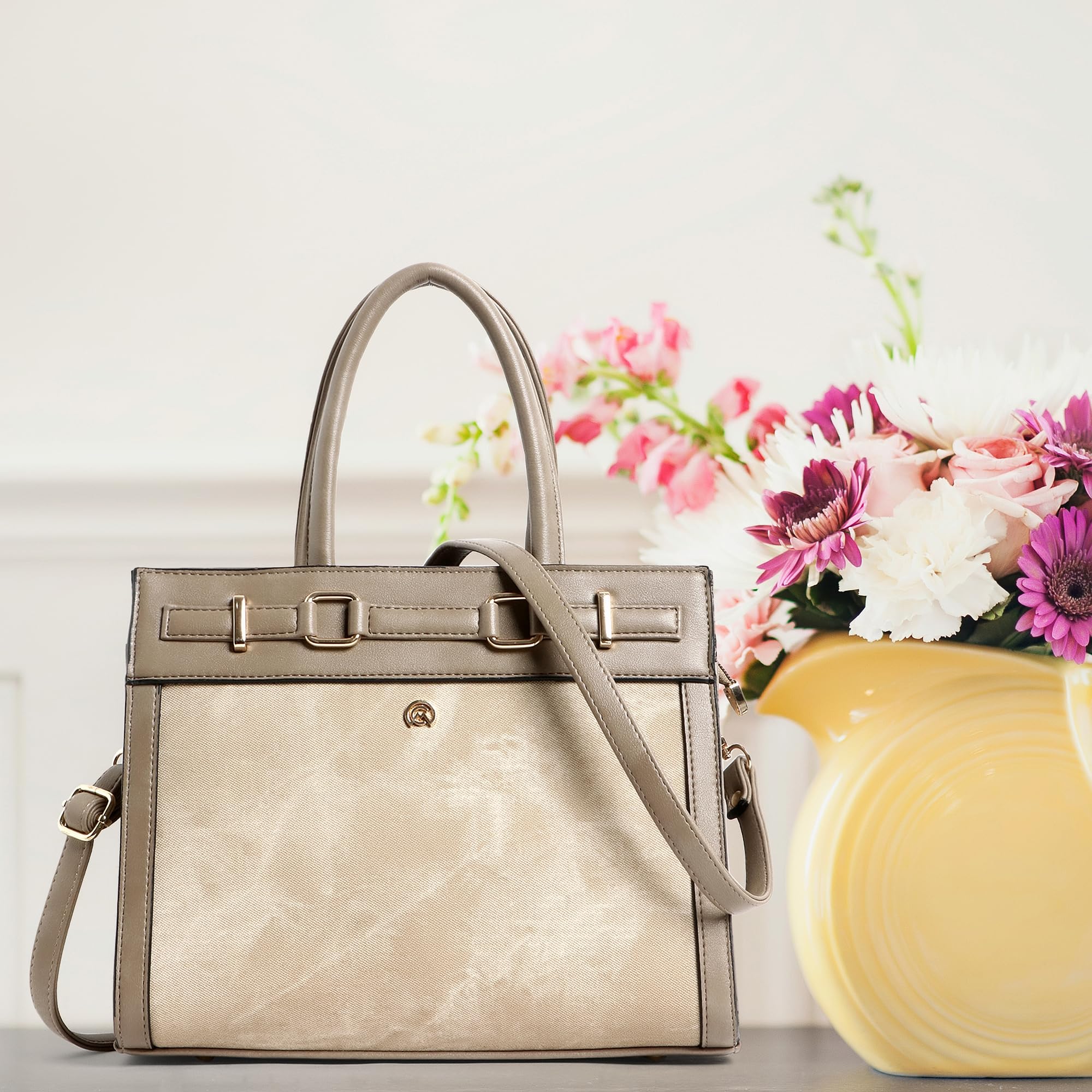Martucci Selena Women’s Satchel Handbag – Belted Accent Vegan Leather Tote with Two-Tone Front Panel, Top Handle Purse & Removable Crossbody Strap