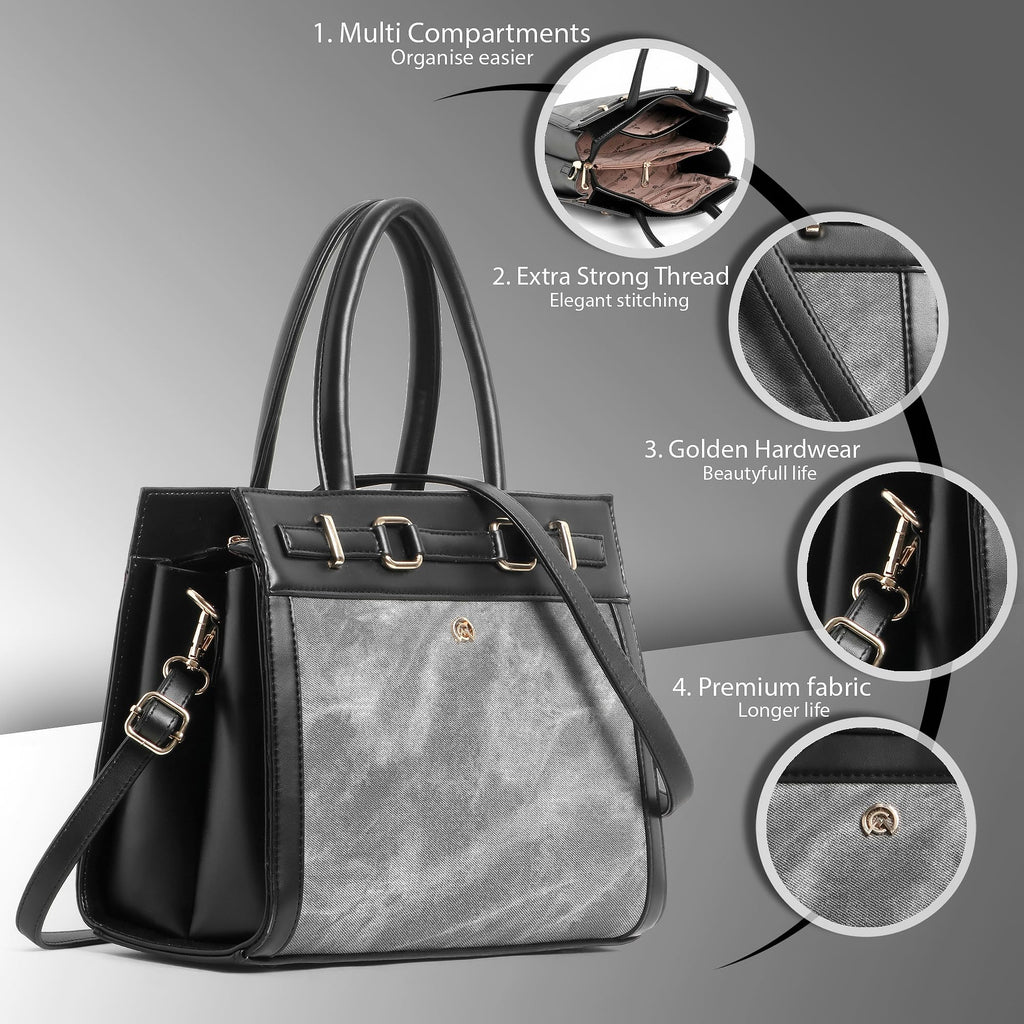 Martucci Selena Women’s Satchel Handbag – Belted Accent Vegan Leather Tote with Two-Tone Front Panel, Top Handle Purse & Removable Crossbody Strap