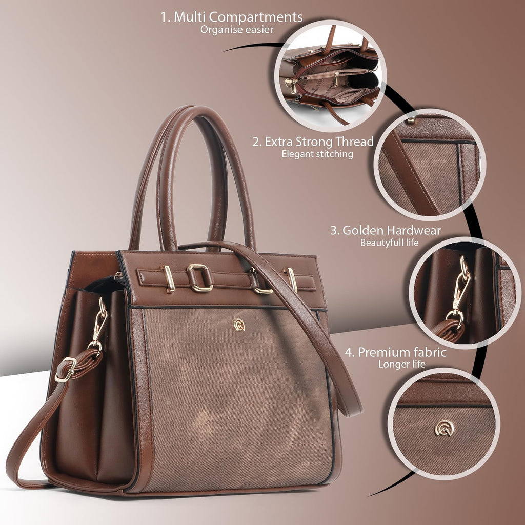 Martucci Selena Women’s Satchel Handbag – Belted Accent Vegan Leather Tote with Two-Tone Front Panel, Top Handle Purse & Removable Crossbody Strap