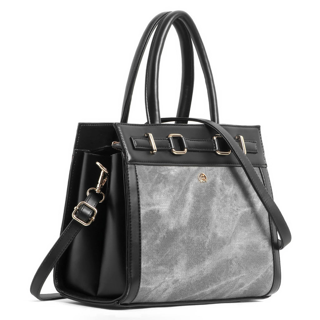 Martucci Selena Women’s Satchel Handbag – Belted Accent Vegan Leather Tote with Two-Tone Front Panel, Top Handle Purse & Removable Crossbody Strap