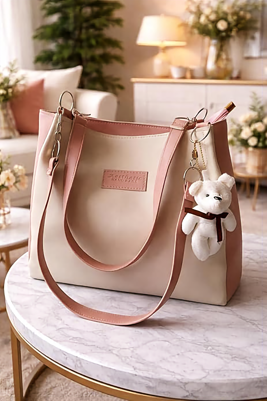 Luxury Women’s Tote Handbag with Teddy Keychain