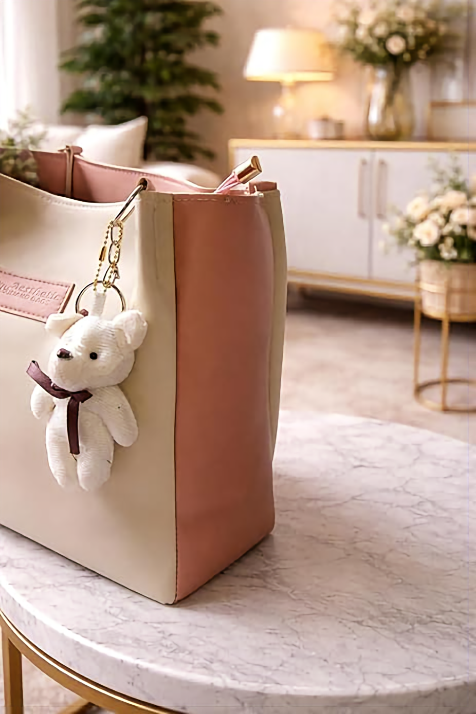 Luxury Women’s Tote Handbag with Teddy Keychain