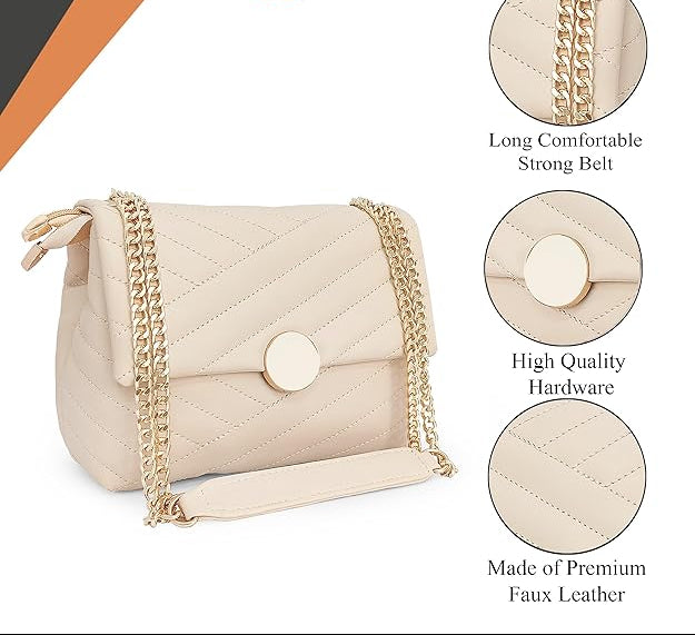 Women's Girls Quilted Cross Body Sling Bag with Gold Chain