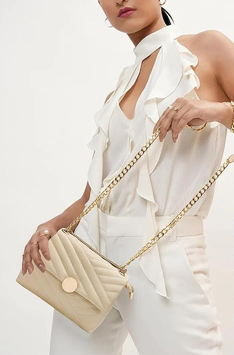 Women's Girls Quilted Cross Body Sling Bag with Gold Chain